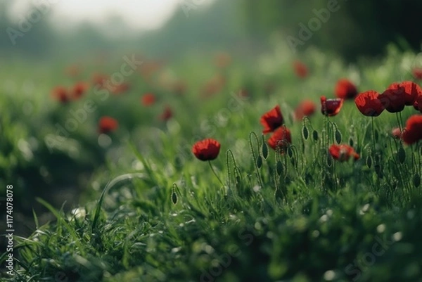 Fototapeta Red poppies blooming in a lush green field at dawn.