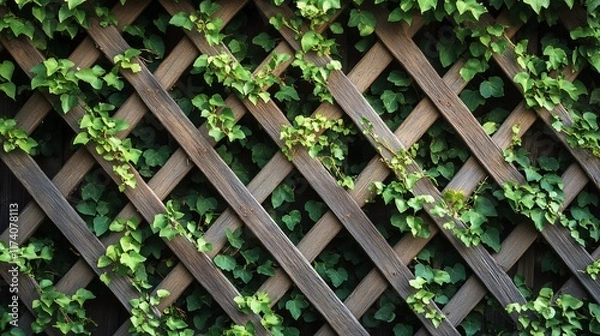 Obraz Lush green ivy growing on a rustic wooden trellis.