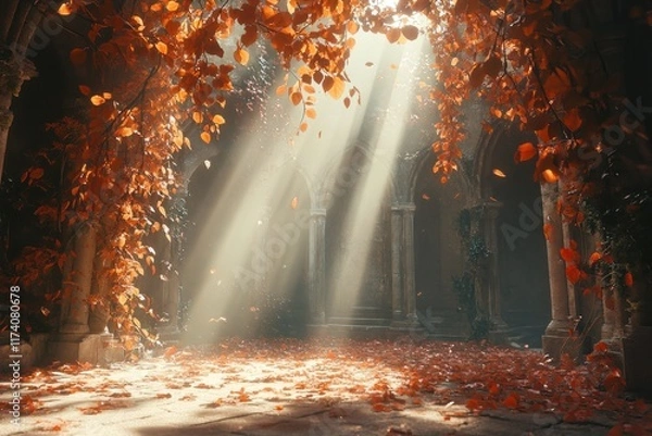 Fototapeta Sunbeams illuminate autumn leaves in a stone archway.
