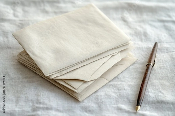 Fototapeta A stack of blank off-white envelopes and a brown fountain pen rest on a textured white linen surface.
