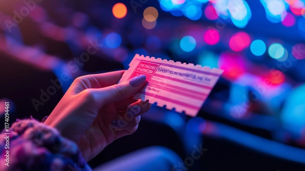 Fototapeta Hand Holding Event Ticket in a Colorful Auditorium