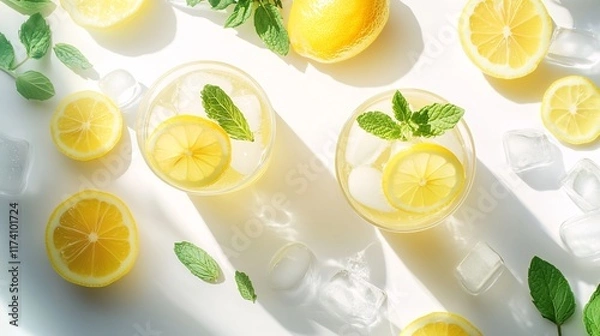 Fototapeta Refreshing Homemade Lemonade with Mint and Ice Cubes