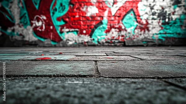 Fototapeta Urban graffiti on brick wall with textured concrete ground in vibrant colors