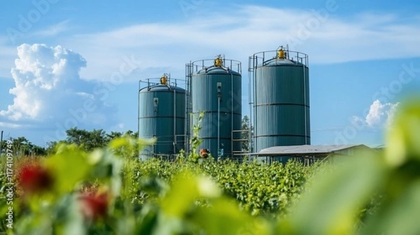 Obraz Three large industrial storage tanks in a field.