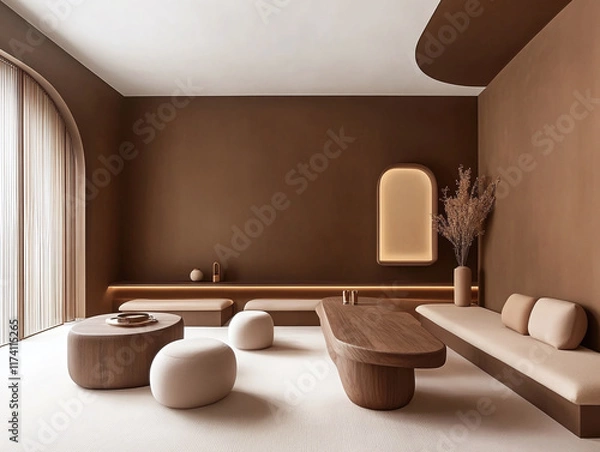 Obraz Living room interior in mocha mousse 2025 color trend. Lobby, restaurant or lounge room with table, ottomans and accent details. AI