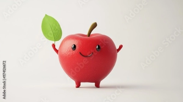 Fototapeta Cute Cartoon Red Apple Character with Leaf and Cheerful Expression