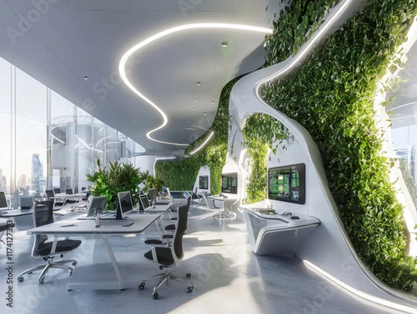 Fototapeta Futuristic interior of modern office, futuristic interior of modern building, future office filled with plants, Futuristic interior of working space, Led lighting, holographic system