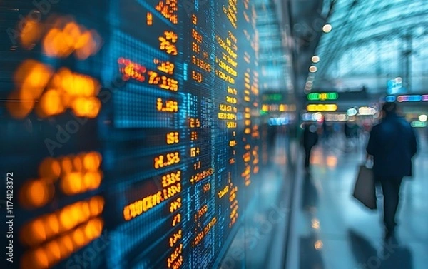Fototapeta Stock ticker display in a modern building with blurred background of people walking.