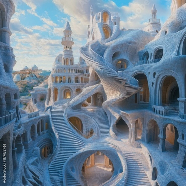 Fototapeta A surreal architectural landscape featuring intricate, winding staircases and organic forms.