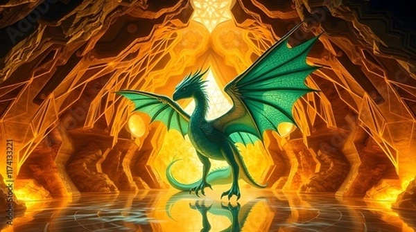 Fototapeta Majestic Green Dragon in a Glowing Cave, Ai generated images