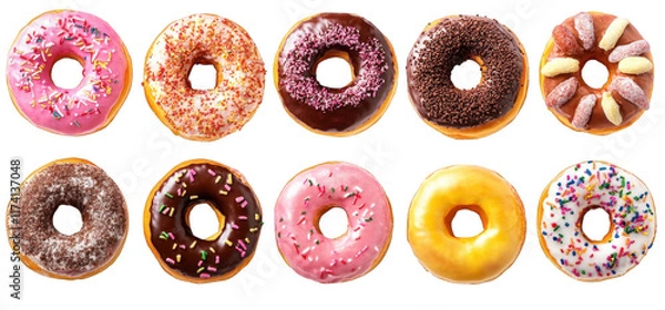 Fototapeta colorful assortment of donuts arranged in two rows the donuts come in various flavors and toppings. including sprinkles. chocolate glaze. and cream-filled varieties. showcasing a delightful selection