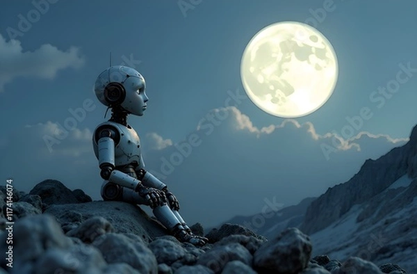Obraz The robot is sad about human life on the background of a mountain landscape