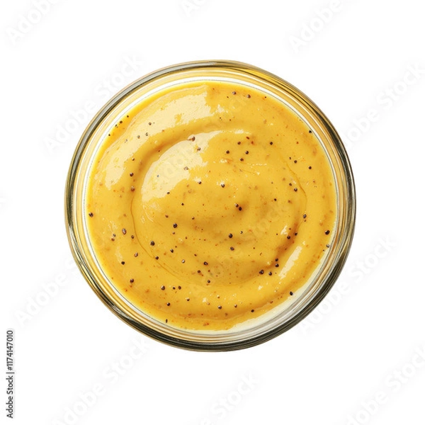 Fototapeta glass jar filled with a smooth. creamy mustard condiment. showcasing a vibrant yellow color with black specks. suggesting the presence of spices or seeds the jar is placed on a clean. white background