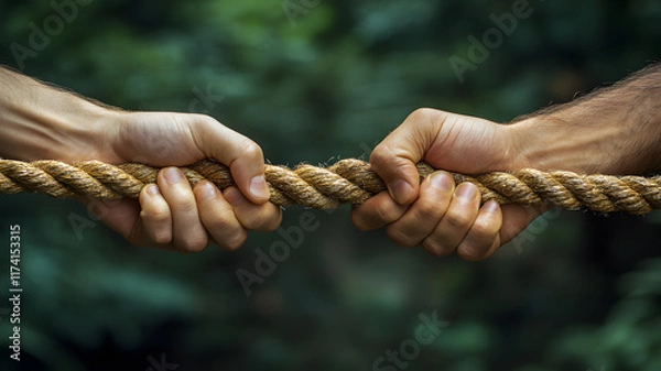 Fototapeta Close-up of hands holding a thick rope in a tug-of-war competition, representing strength and teamwork