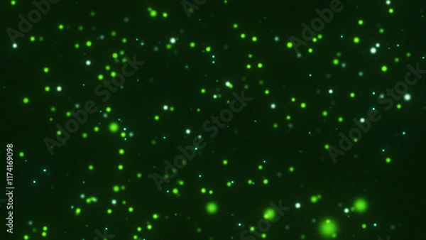 Fototapeta Abstract green background with falling glowing particles, green particles on dark background