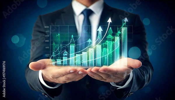 Fototapeta economy growth and investment concept; businessman hands showing growing graphs
