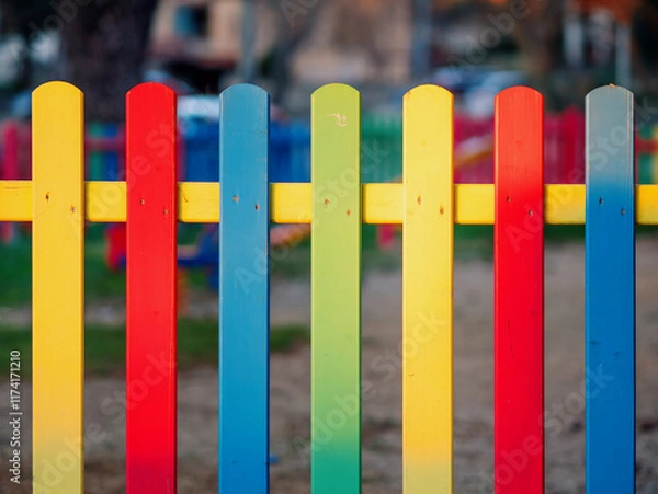 Fototapeta The colorful painted wooden boards on the fence around a playground are illuminated by the rays of the setting sun. Pula, Croatia - January 3, 2025