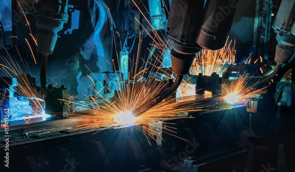 Obraz Zespół robotów spawalniczych do części samochodowych.