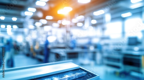 Fototapeta Blurred background of an electronic factory with workers and equipment in the foreground