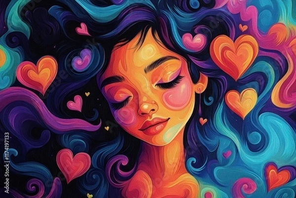 Fototapeta Colorful Abstract Illustration of Mother and Child with Swirling Hair and Floating Hearts