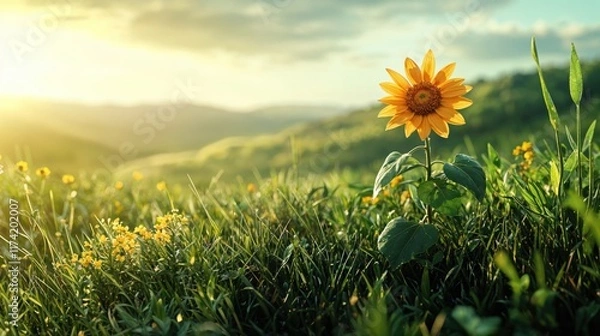 Obraz A vibrant sunflower blooms amidst lush green grass and delicate wildflowers, basking in the warm glow of the setting sun. The tranquil scenery evokes peace and harmony.