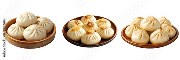 Fototapeta Soft and fluffy Chinese bao buns served in wooden bowls, perfect for sharing