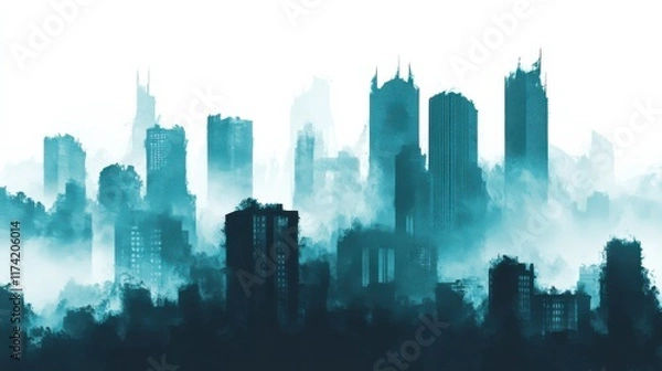 Obraz Dramatic Cityscape with Haze Effect on White Background