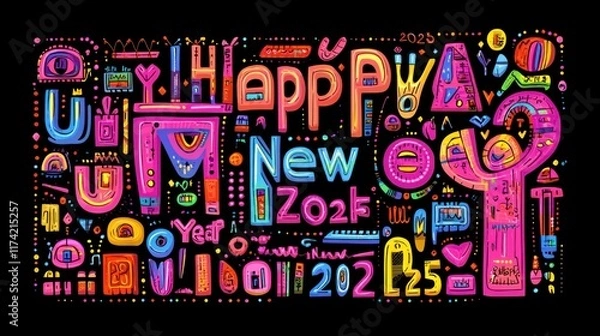 Fototapeta Vibrant, playful design for New Year 2025 greetings. Ideal for cards, posters, social media, and website banners.