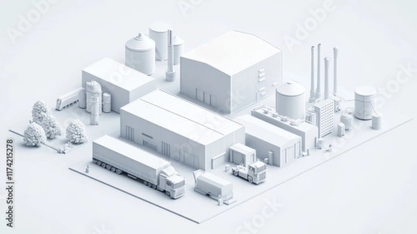 Fototapeta 3D rendering of white modern factory area with parked logistics vehicles
