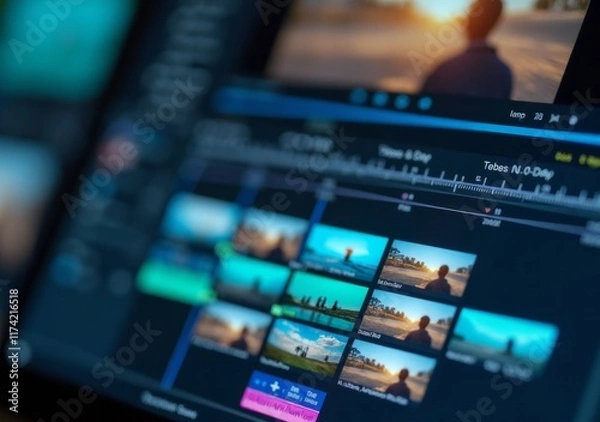 Fototapeta Editing process on a computer screen during sunset at a creative workspace