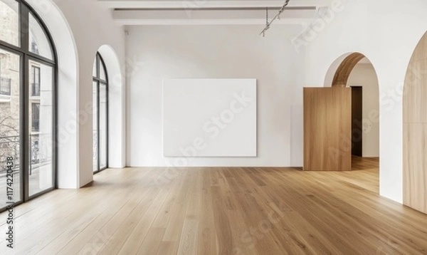 Fototapeta Empty modern apartment interior with arched windows, hardwood floors, and blank canvas.