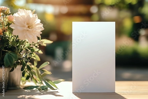 Obraz Minimalistic Invitation Card Mockup with Fresh Flowers in Sunlit Outdoor Setting : Generative AI
