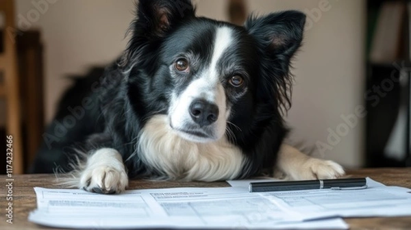 Fototapeta Adorable Border Collie Dog Resting on Documents, Pen Nearby, Home Office Setting,  Close Up Portrait of a Pet. generative ai