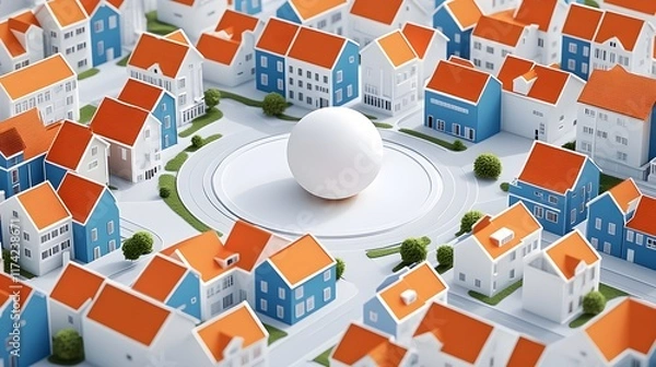 Fototapeta A cartoon-style city map with orange and blue buildings, featuring an empty circle in the center of town surrounded by small houses, a single giant ball-shaped object placed on top of it, rendered 