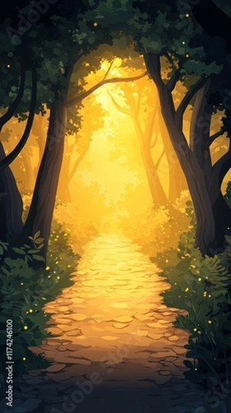 Fototapeta Enchanted pathway winding through a mysterious glowing forest landscape with a magical dreamlike atmosphere  Lush verdant trees and serene