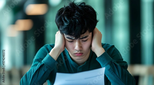 Obraz A young man sits at a table, holding his head in frustration while reading a paper, conveying stress and concern.