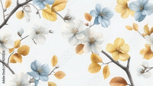 Fototapeta Seamless 3D design featuring white, yellow, and blue cherry blossoms with autumn leaves and branches on a light background. 