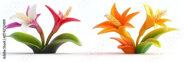 Fototapeta Two tropical flower arrangements, isolated on a white background, in a cartoon style, with a PNG cutout, 3D illustration, vibrant colors, high resolution, professional color grading, soft shadows, 