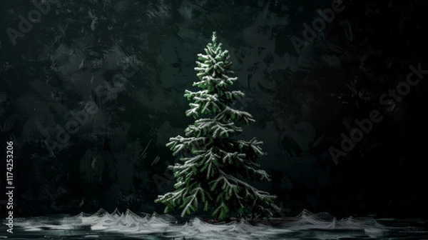 Fototapeta A beautifully adorned new year tree stands tall against a dark backdrop, featuring delicate snow accents that enhance its festive charm