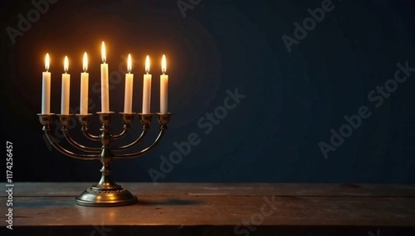 Fototapeta Softly glowing candles on a wooden table form a stunning menorah against the dark background, menorah, serene, candle