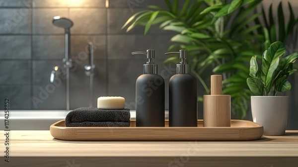 Obraz Elegant bathroom display with soap dispensers and accessories on a wooden tray surrounded by plants and soft lighting for a soothing ambiance