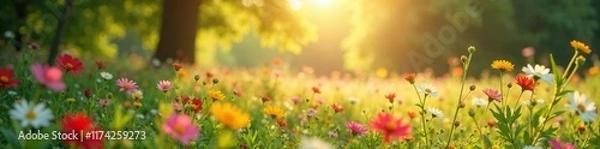 Fototapeta Soft morning light filters through wildflowers, soft focus, trees