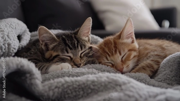 Fototapeta Two adorable tabby kittens peacefully sleeping on soft gray fleece blanket in cozy indoor setting representing comfort and tranquility