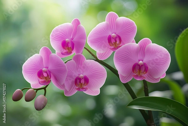 Fototapeta Elegant pink orchids in full bloom with delicate petals and soft lighting, symbolizing beauty, grace, and the serenity of nature