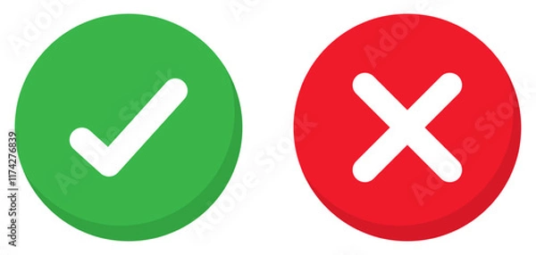 Obraz Green check mark and red cross mark icon set. Isolated tick and cross symbols, checklist signs symbol. Checkmark and cross mark icon with true and false sign. Vector illustration.