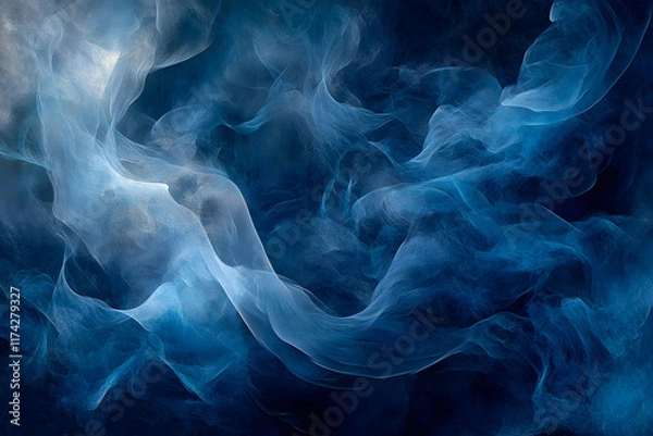 Fototapeta Graceful swirls of blue abstract smoke on a dark and atmospheric background