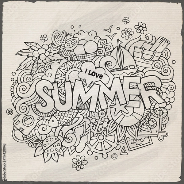 Fototapeta Summer hand lettering and doodles elements. Vector illustration