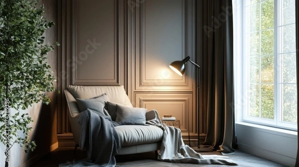Fototapeta Elegant cozy reading nook with modern armchair, soft blanket, and stylish floor lamp by a wall panel