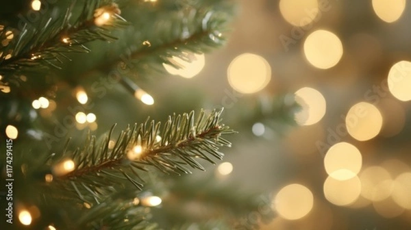 Fototapeta This close up captures a Christmas tree branch with sparkling lights, enhancing the festive atmosphere during the holiday season