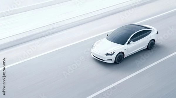 Fototapeta Sleek White Electric Car in Motion on a Modern Highway with Minimalist Background and Smooth Lines